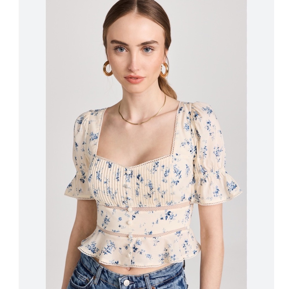 Reformation Cream Floral Square-Neck Peplum Blouse